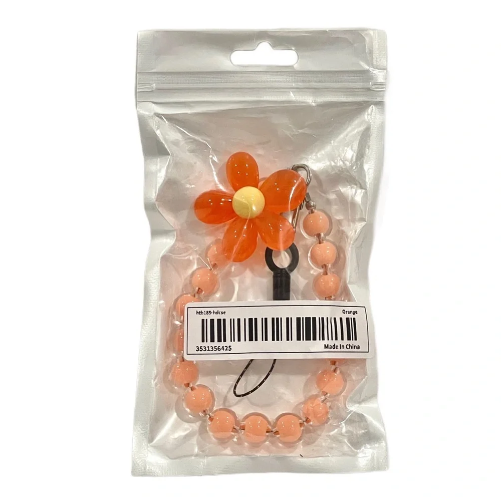 🎁 Kawaii Orange Flower Mobile Phone Wrist Lanyard Solid Makaron Beaded Chain